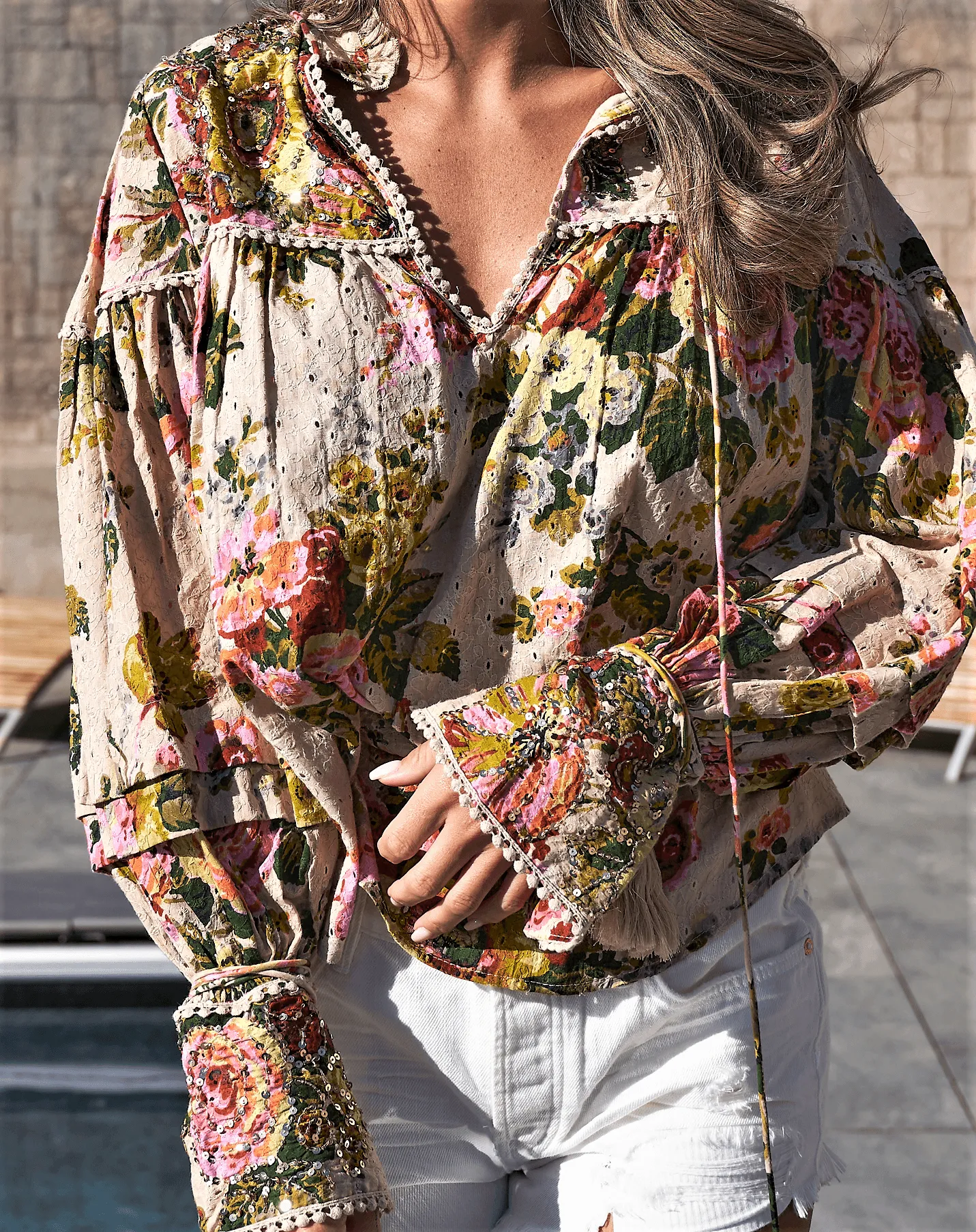 Embellished Blouse Graciosa in Nude Print