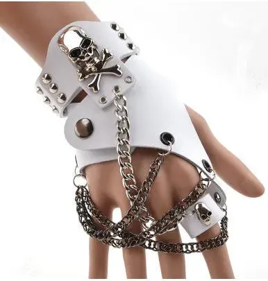 Fashion Half-finger Chain Ring Genuine Leather Punk Rivet Gloves