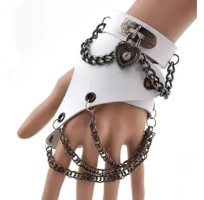 Fashion Half-finger Chain Ring Genuine Leather Punk Rivet Gloves
