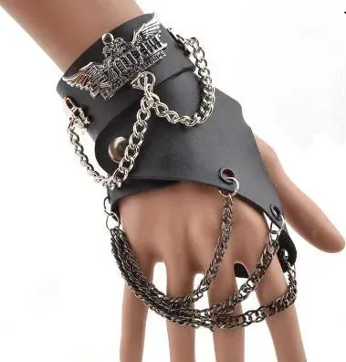 Fashion Half-finger Chain Ring Genuine Leather Punk Rivet Gloves