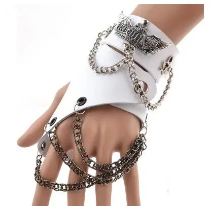 Fashion Half-finger Chain Ring Genuine Leather Punk Rivet Gloves