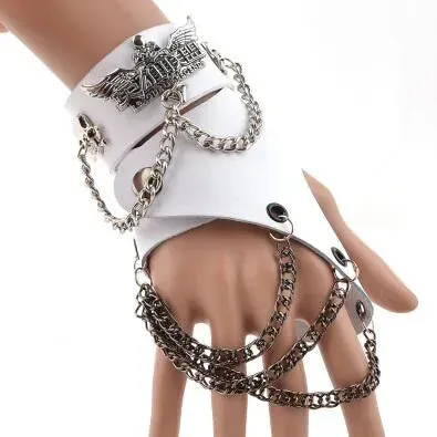 Fashion Half-finger Chain Ring Genuine Leather Punk Rivet Gloves
