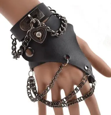 Fashion Half-finger Chain Ring Genuine Leather Punk Rivet Gloves