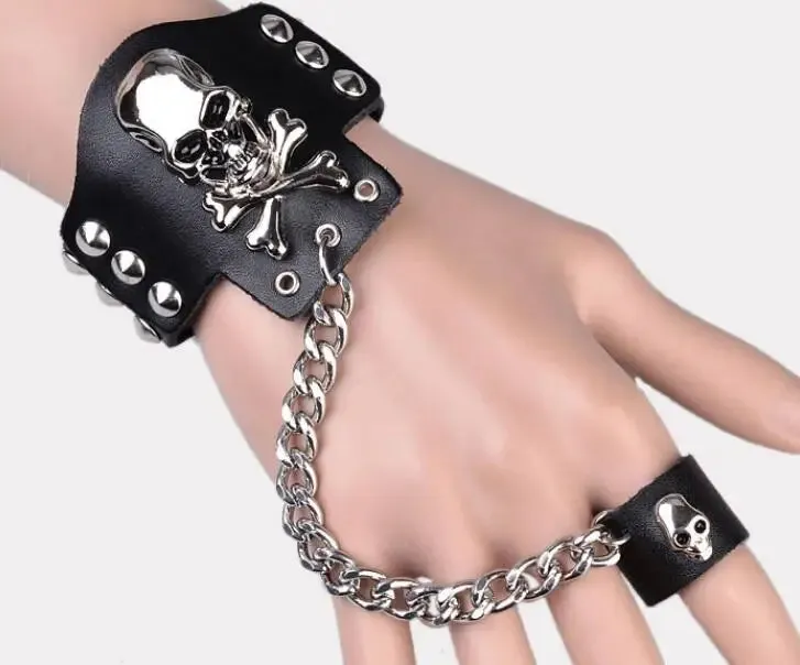 Fashion Half-finger Chain Ring Genuine Leather Punk Rivet Gloves