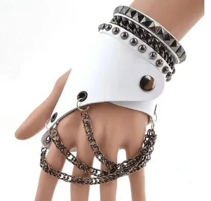 Fashion Half-finger Chain Ring Genuine Leather Punk Rivet Gloves