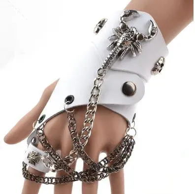 Fashion Half-finger Chain Ring Genuine Leather Punk Rivet Gloves