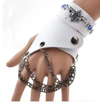 Fashion Half-finger Chain Ring Genuine Leather Punk Rivet Gloves