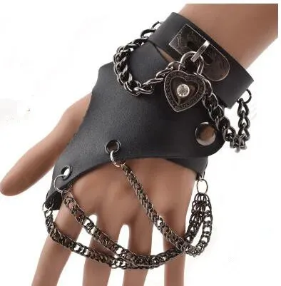 Fashion Half-finger Chain Ring Genuine Leather Punk Rivet Gloves