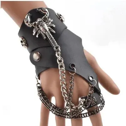 Fashion Half-finger Chain Ring Genuine Leather Punk Rivet Gloves