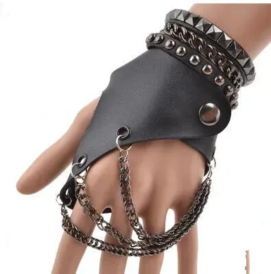 Fashion Half-finger Chain Ring Genuine Leather Punk Rivet Gloves