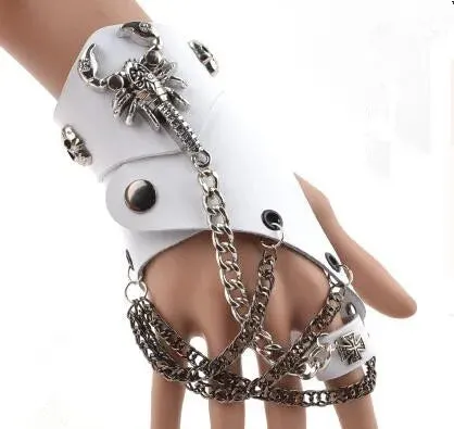 Fashion Half-finger Chain Ring Genuine Leather Punk Rivet Gloves