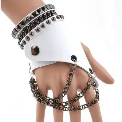 Fashion Half-finger Chain Ring Genuine Leather Punk Rivet Gloves
