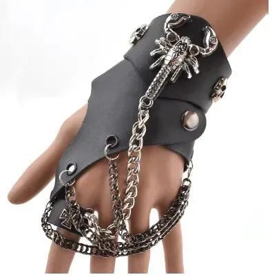 Fashion Half-finger Chain Ring Genuine Leather Punk Rivet Gloves