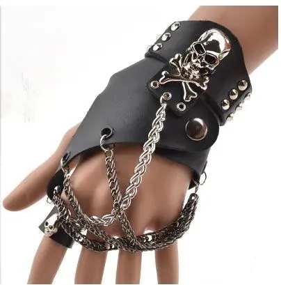 Fashion Half-finger Chain Ring Genuine Leather Punk Rivet Gloves