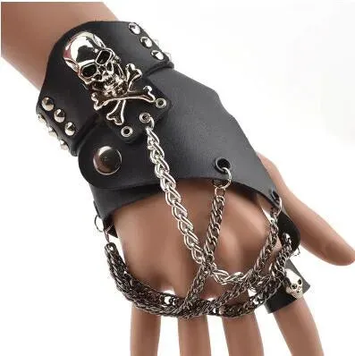 Fashion Half-finger Chain Ring Genuine Leather Punk Rivet Gloves