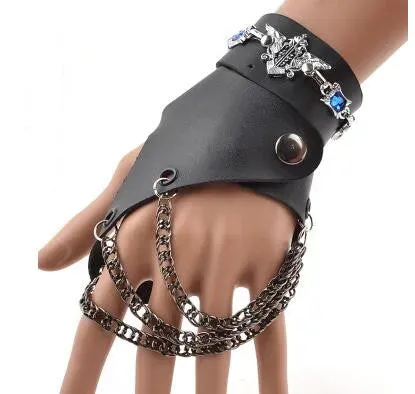 Fashion Half-finger Chain Ring Genuine Leather Punk Rivet Gloves