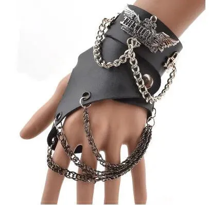 Fashion Half-finger Chain Ring Genuine Leather Punk Rivet Gloves