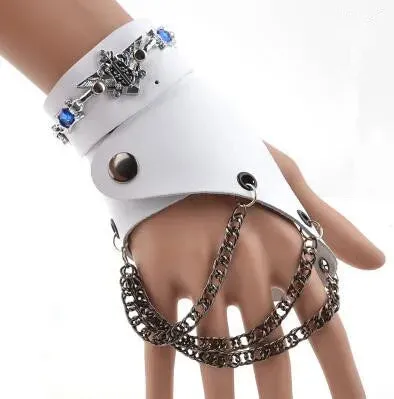 Fashion Half-finger Chain Ring Genuine Leather Punk Rivet Gloves