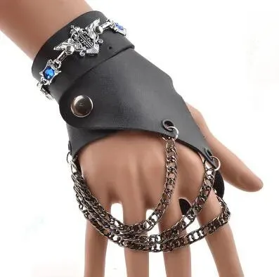 Fashion Half-finger Chain Ring Genuine Leather Punk Rivet Gloves