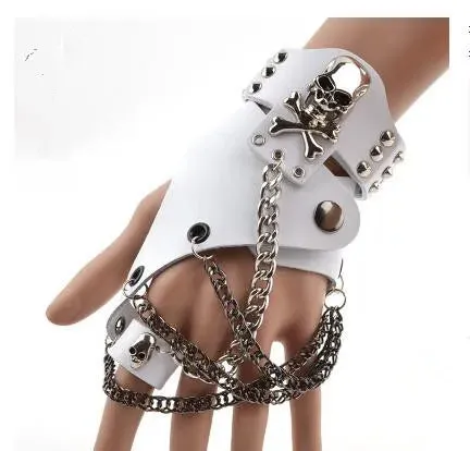Fashion Half-finger Chain Ring Genuine Leather Punk Rivet Gloves