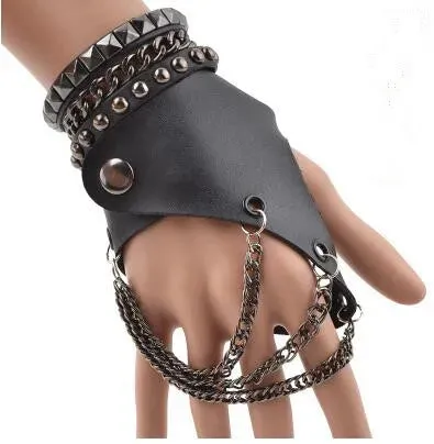Fashion Half-finger Chain Ring Genuine Leather Punk Rivet Gloves