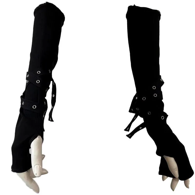 Fingerless Eyelet Ribbon Elbow Gloves