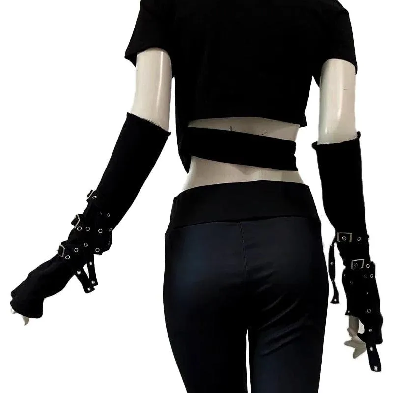 Fingerless Eyelet Ribbon Elbow Gloves