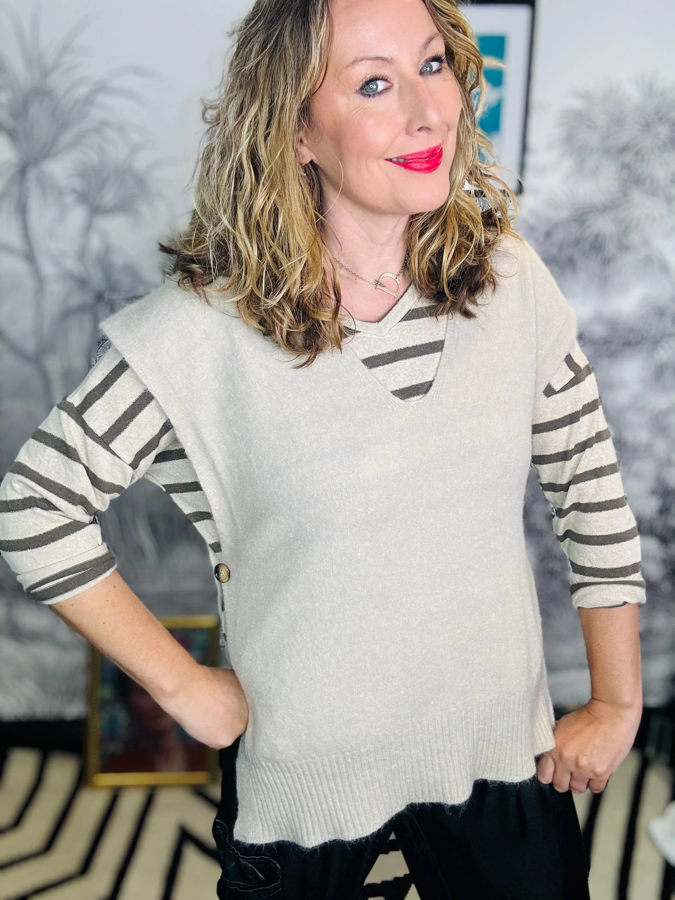 Georgina Striped V-Neck Top with Gold Lurex