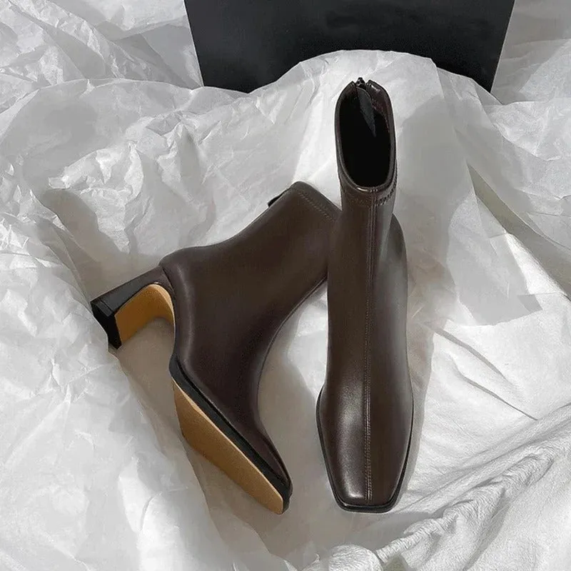 High Heel Square Toe Fashionable Winter Ankle Boots for Women