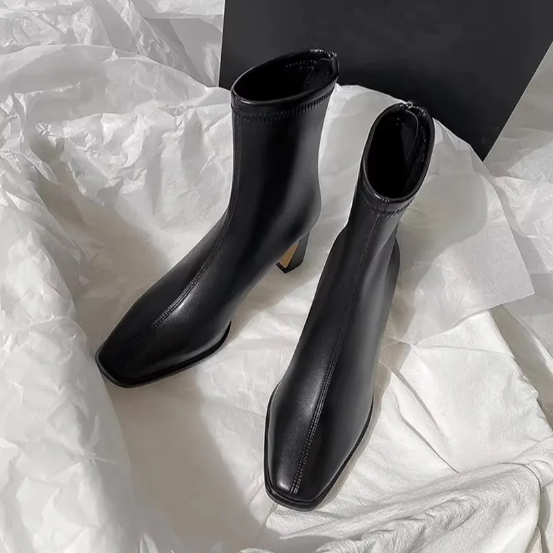 High Heel Square Toe Fashionable Winter Ankle Boots for Women