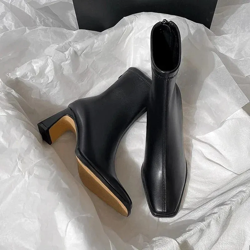 High Heel Square Toe Fashionable Winter Ankle Boots for Women
