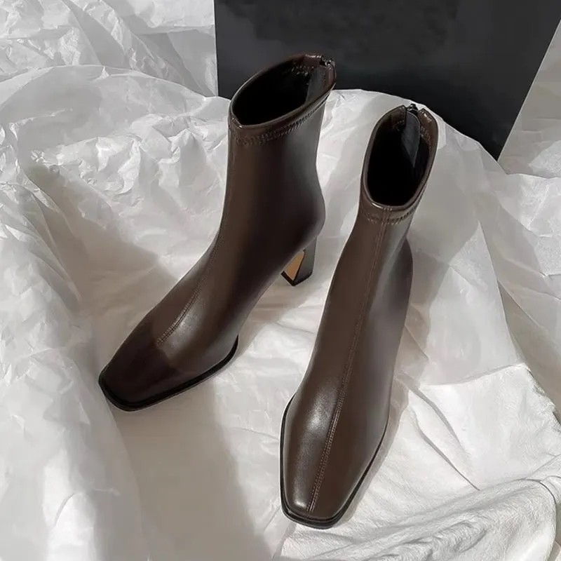 High Heel Square Toe Fashionable Winter Ankle Boots for Women