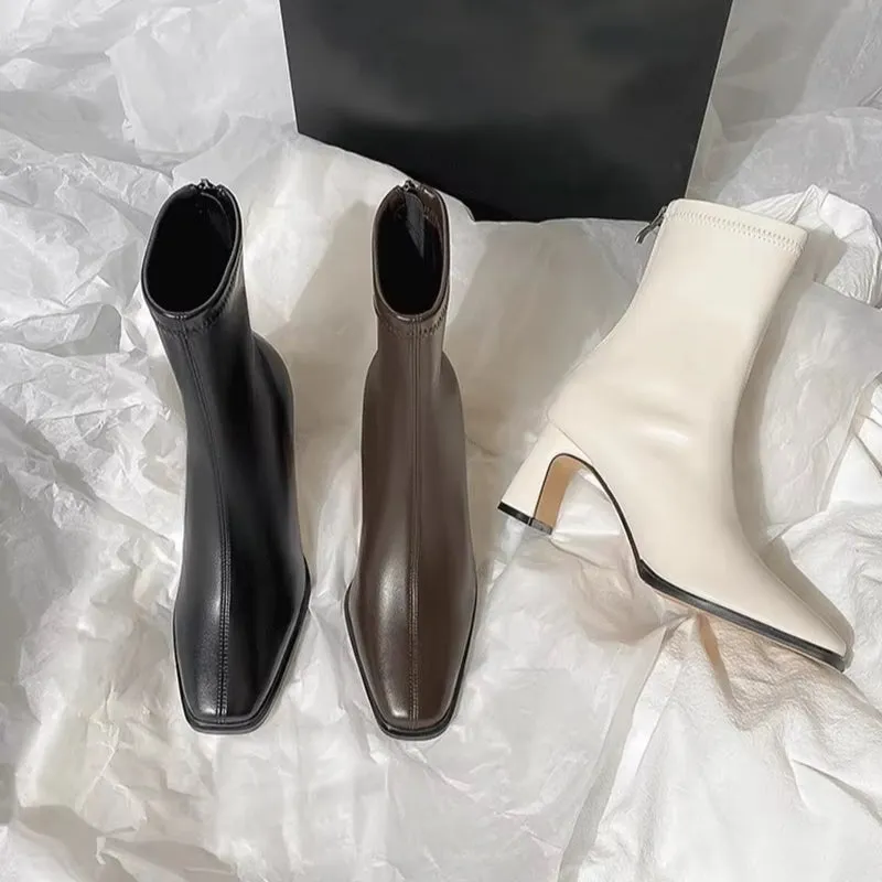High Heel Square Toe Fashionable Winter Ankle Boots for Women