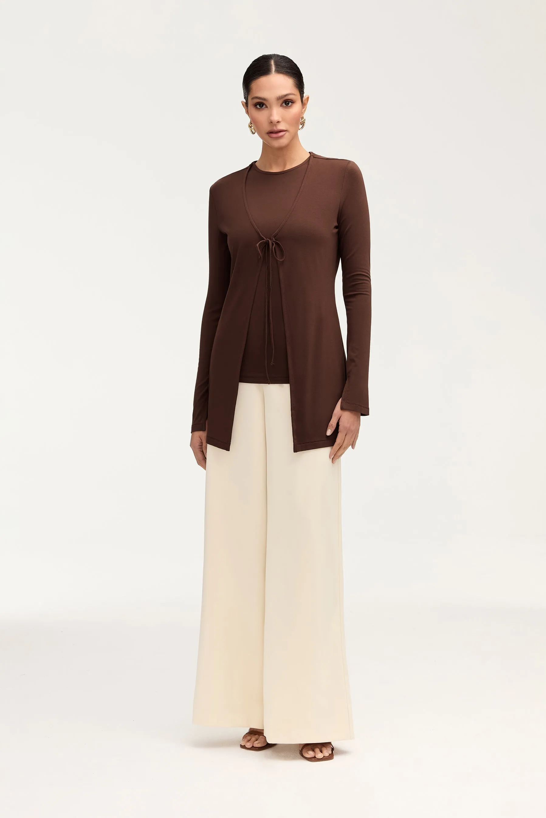 Labina Jersey Two Piece Tie Front Top - Brown