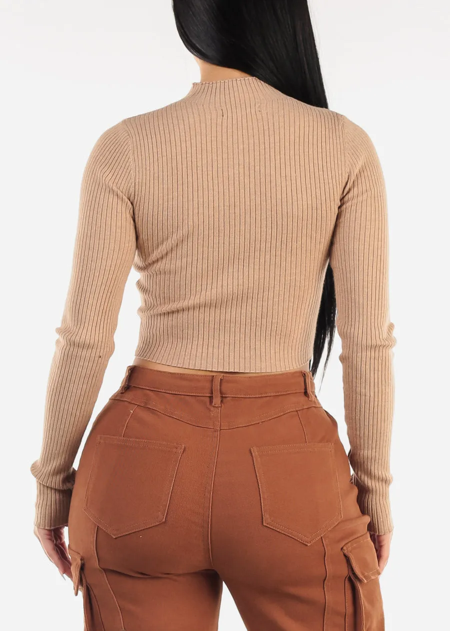 Mock Neck Ribbed Crop Sweater Top Khaki