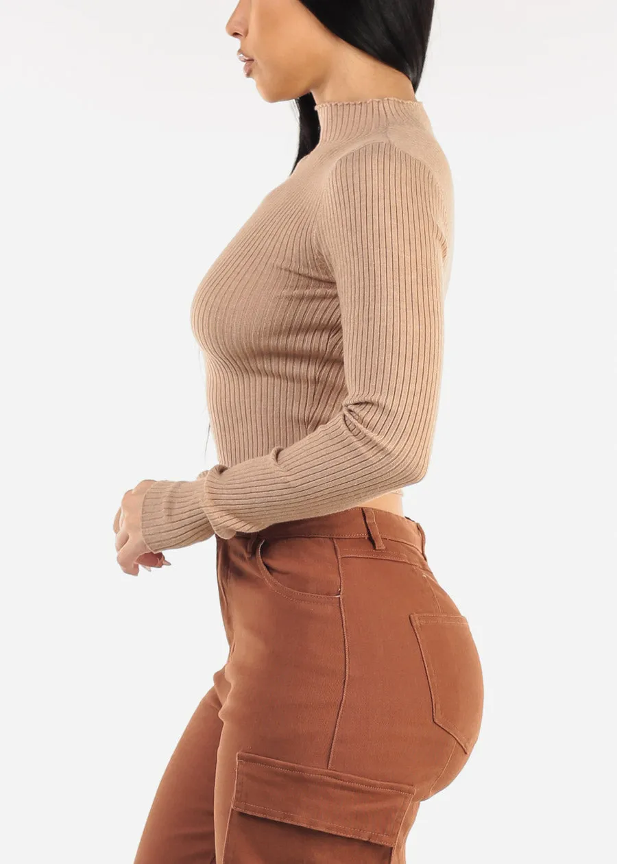 Mock Neck Ribbed Crop Sweater Top Khaki