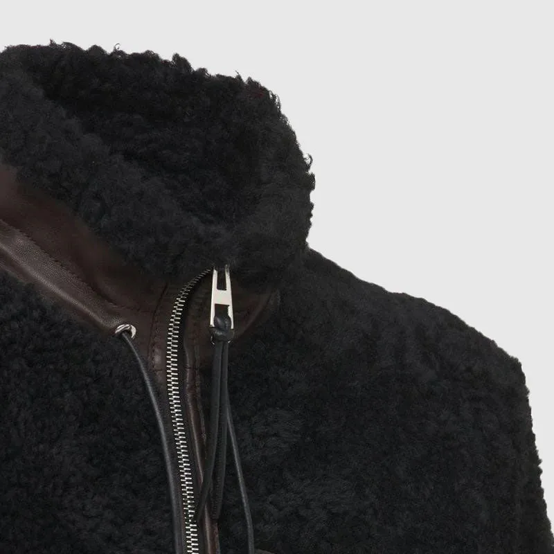 New Mens Shearling Sheepskin Jacket Leather Pocket Black