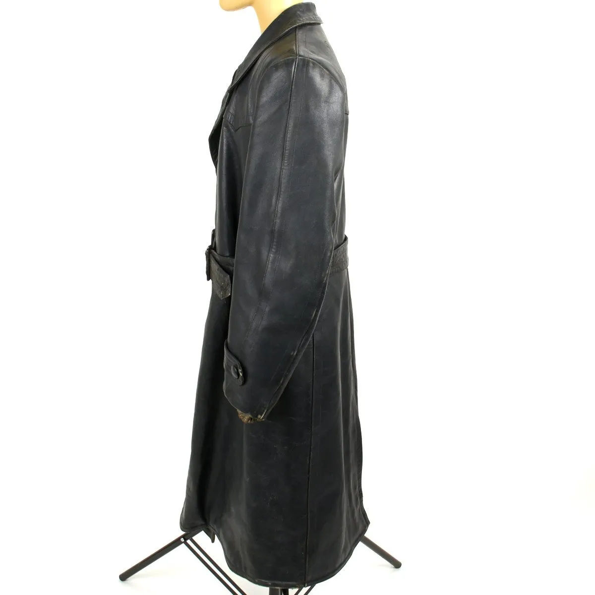 Original German WWII Officer Size 42 Black Leather Greatcoat with Letter of Authenticity