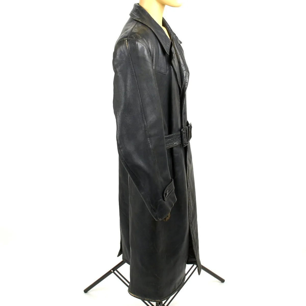 Original German WWII Officer Size 42 Black Leather Greatcoat with Letter of Authenticity