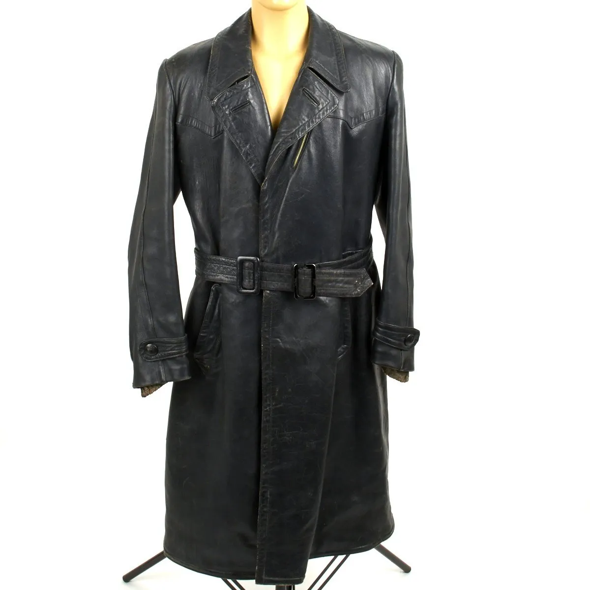 Original German WWII Officer Size 42 Black Leather Greatcoat with Letter of Authenticity