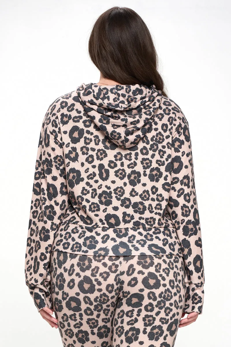 Plus Size Relaxed Leopard Print Long Sleeve Hoodie