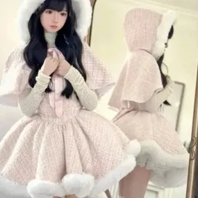 Sparkling Noel in the Icy Kingdom          Complete Warm Dress, Hooded Cardigan Sweater Shawl, and Top with Optional Petticoat Skirt Set Kawaii Academia Y2K Cottagecore Coquette Fairycore Dollette Princesscore Bottoms