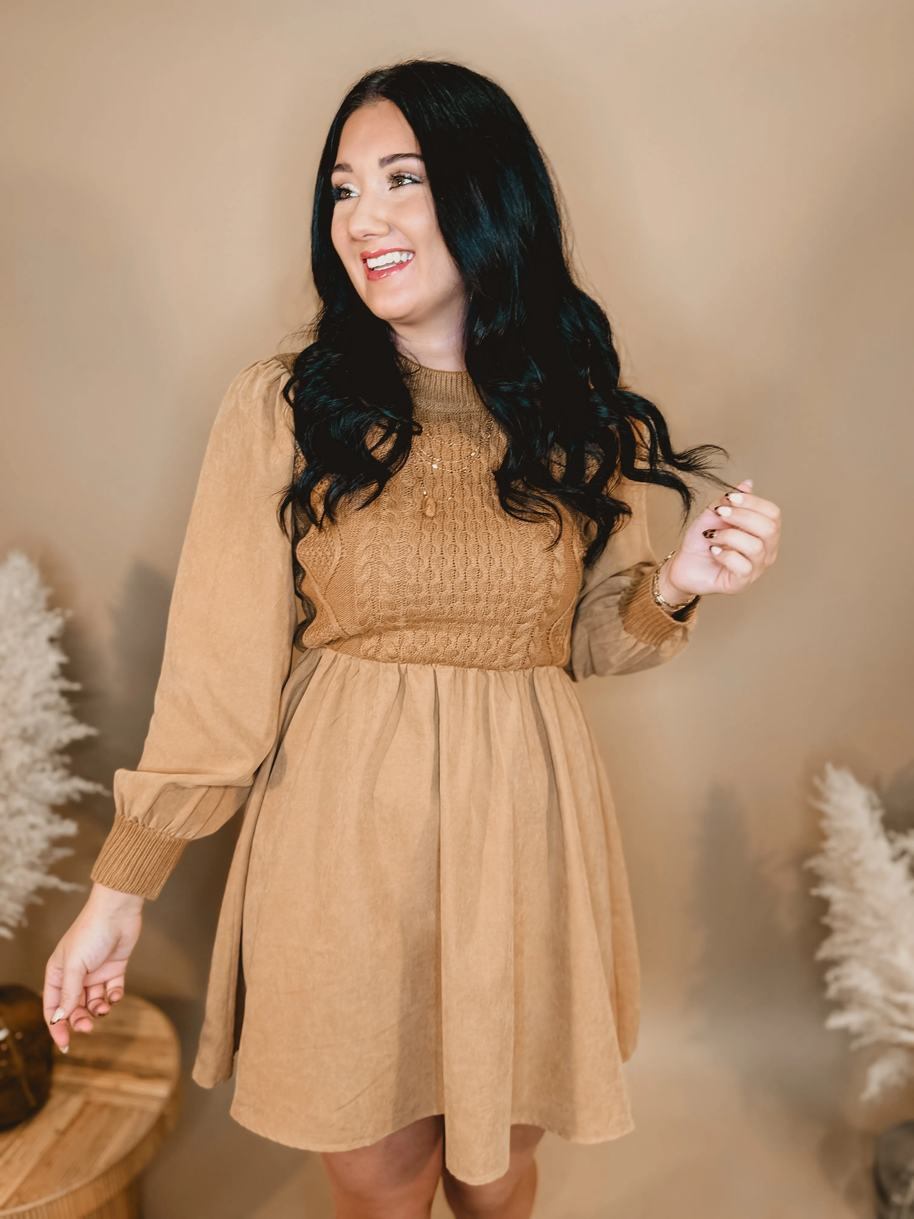 Sweater Contrast Long Sleeve Dress - Camel