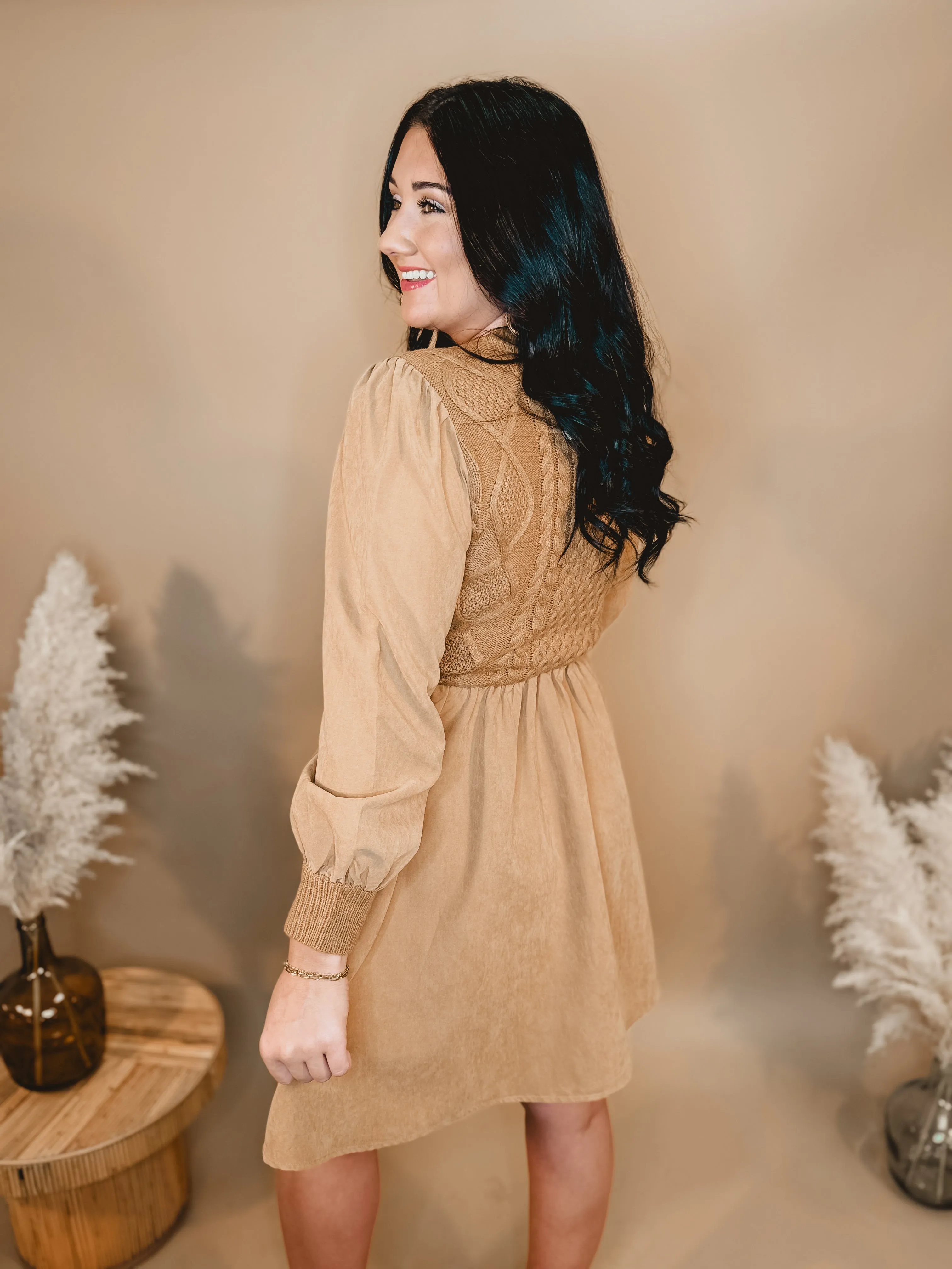 Sweater Contrast Long Sleeve Dress - Camel