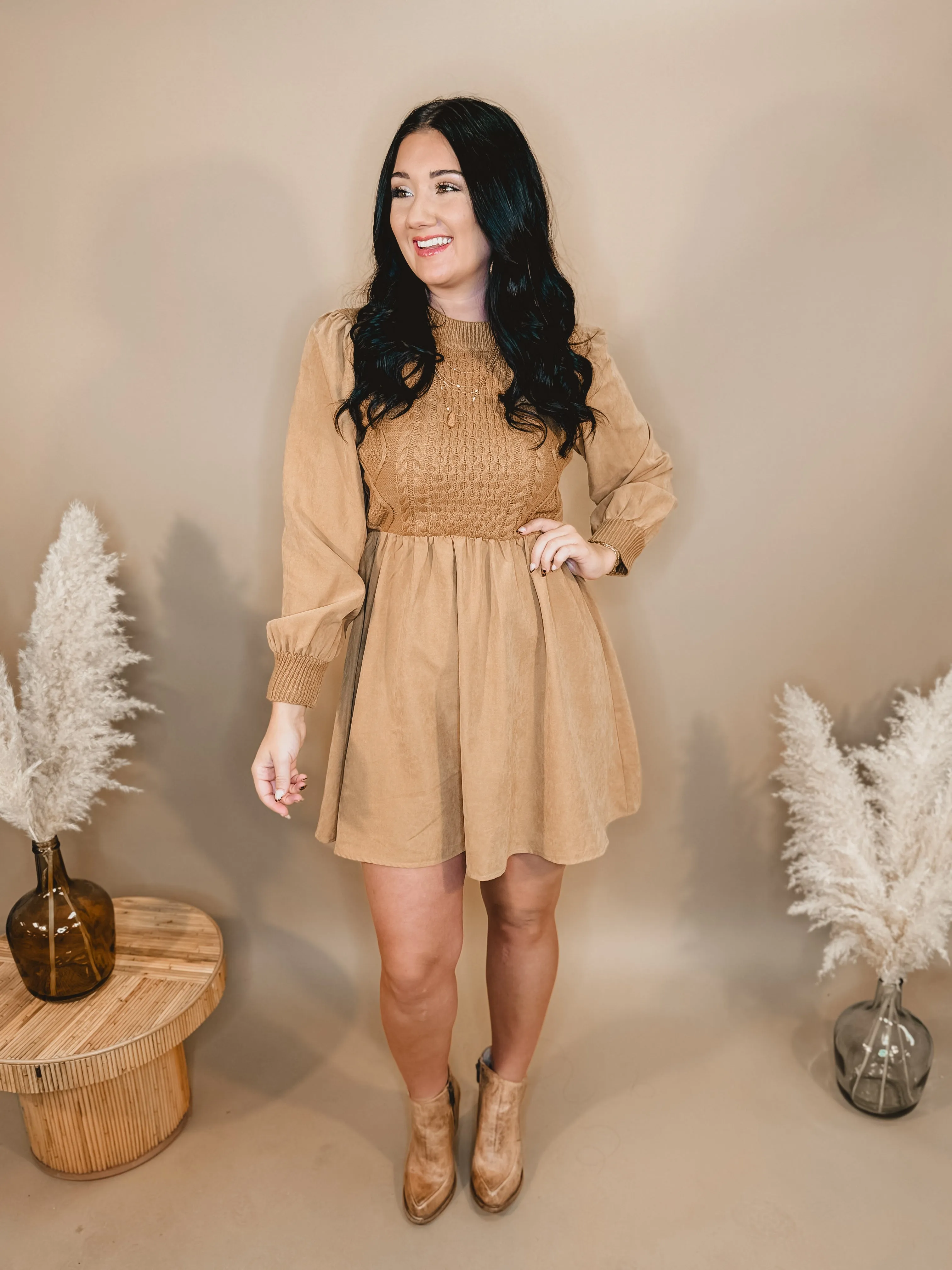 Sweater Contrast Long Sleeve Dress - Camel