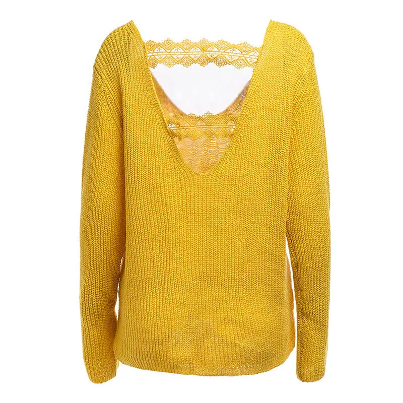 V-neck Hollowed Knitting Open Back Sweater