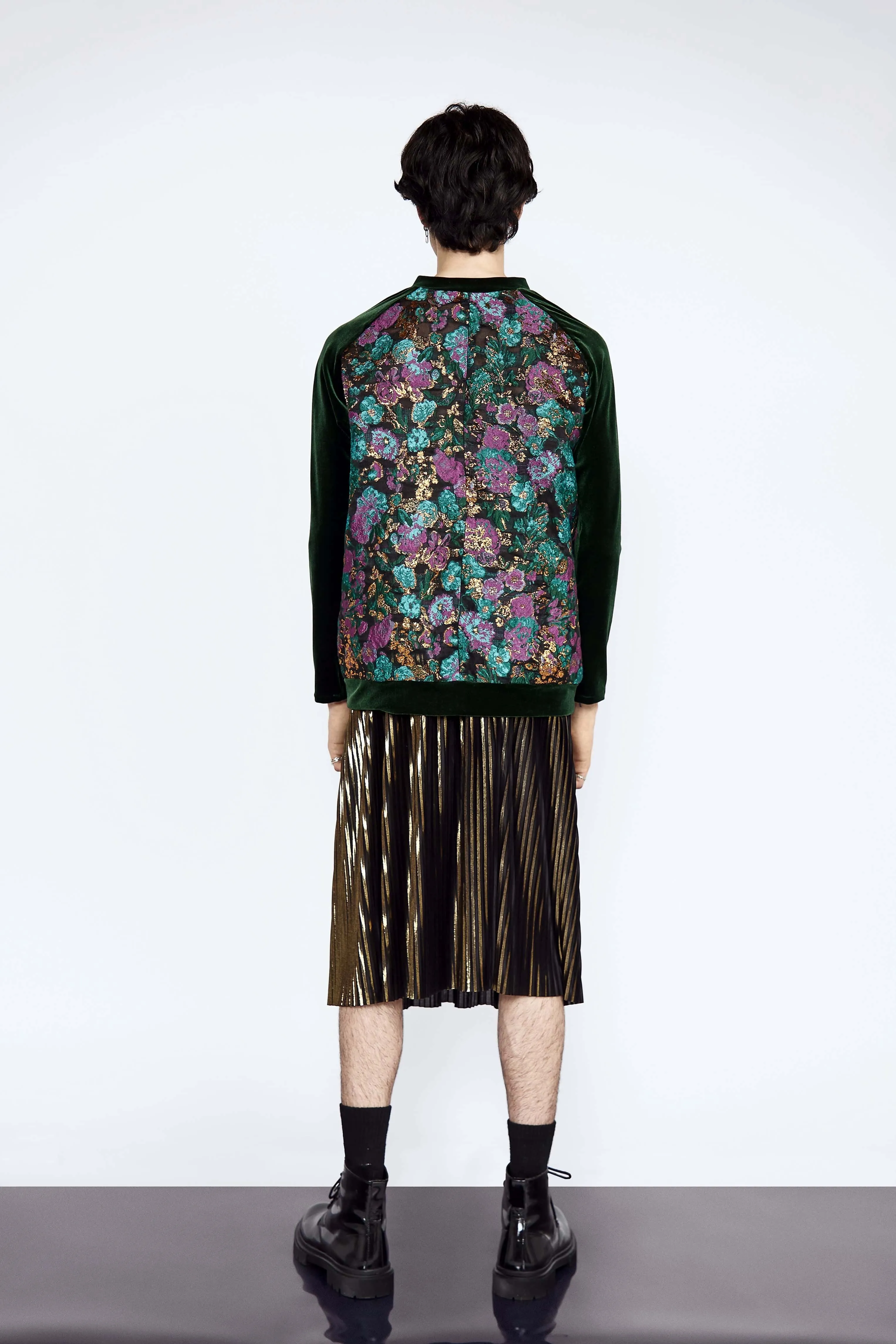 Velvet  Jacquard Reglan Top with Gold Razor Pleat Kilt