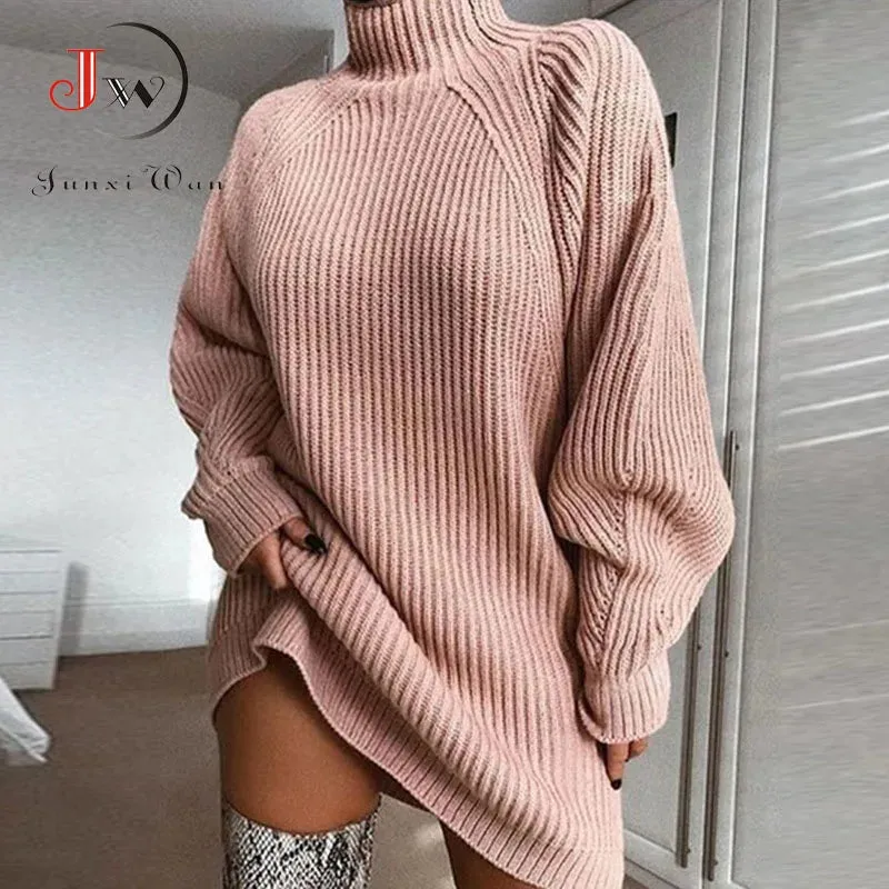 Women Turtleneck Oversized Knitted Dress Solid Long Sleeve