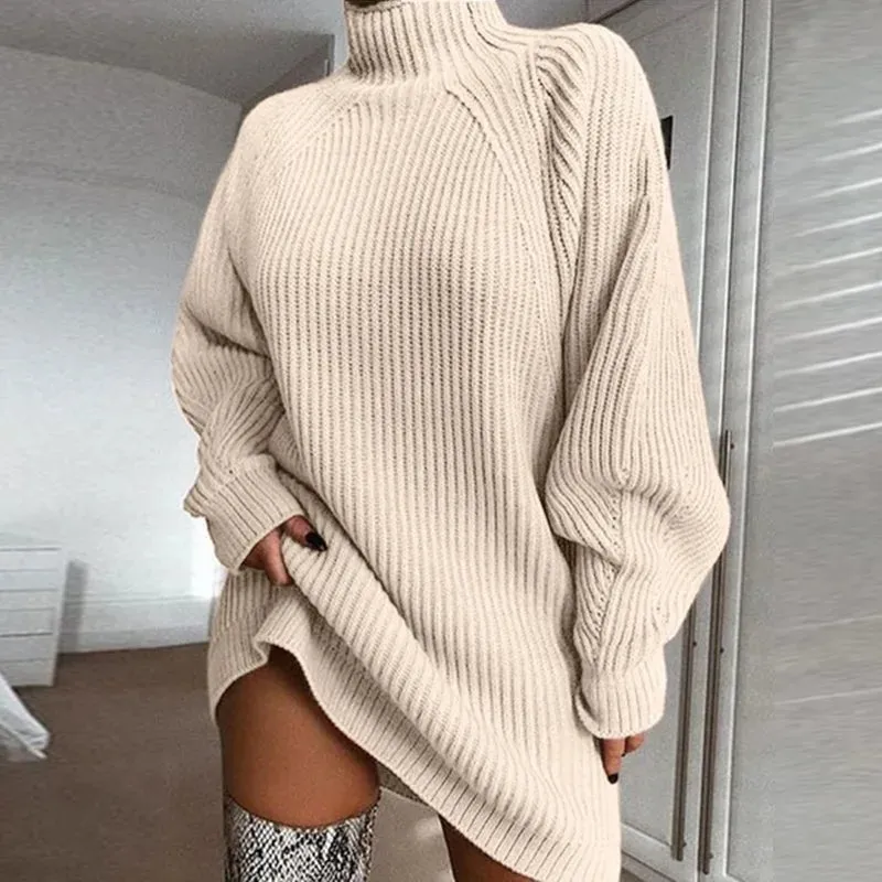 Women Turtleneck Oversized Knitted Dress Solid Long Sleeve