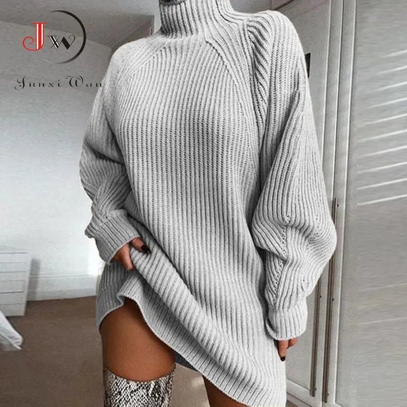 Women Turtleneck Oversized Knitted Dress Solid Long Sleeve